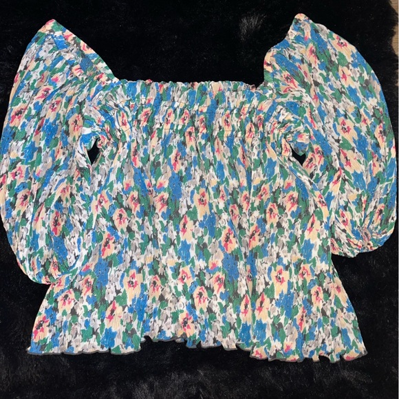 Ganni Floral Voluptuous Print Plisse Puff Blouse EU 44/US 12 - Picture 4 of 8